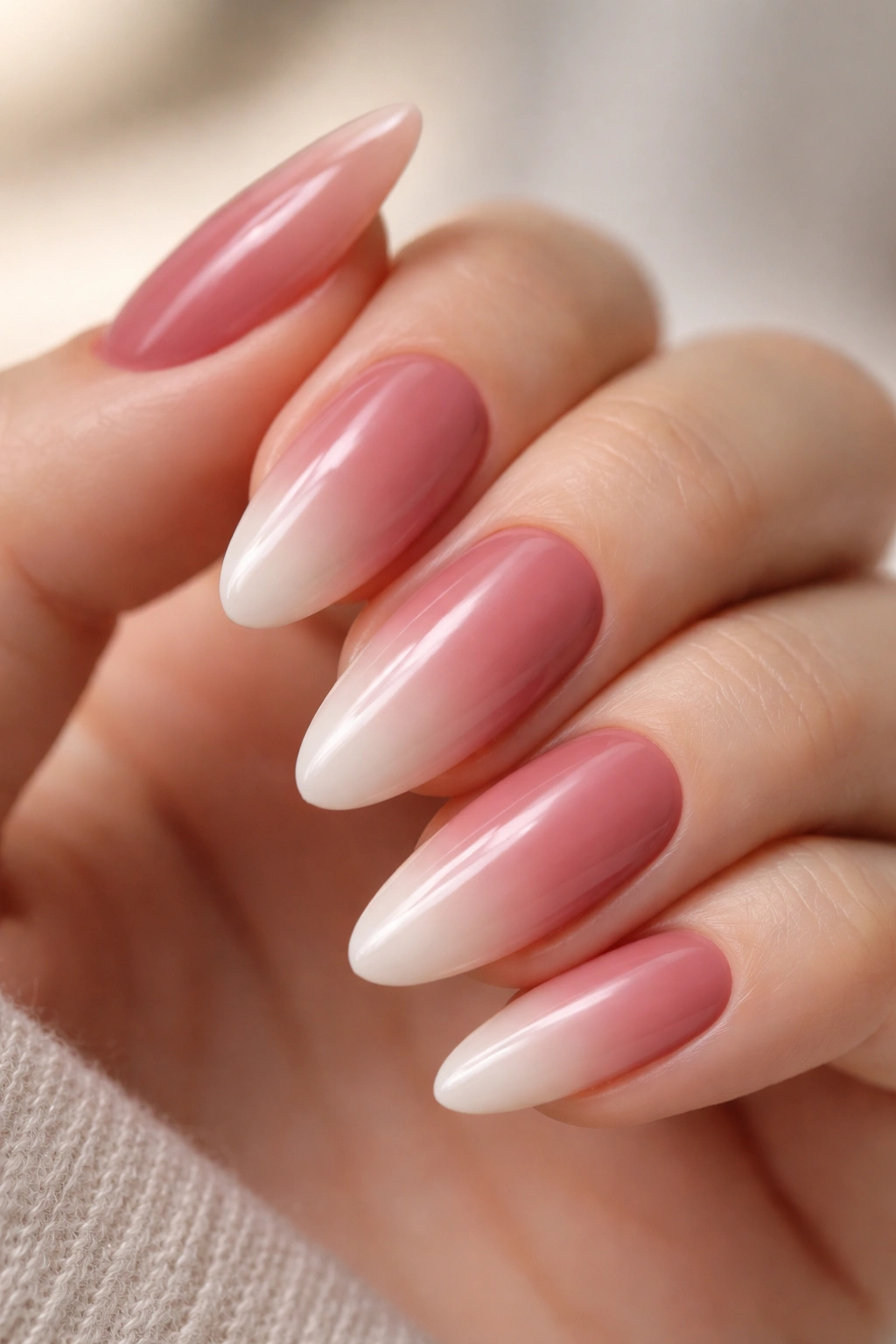 Almond nail gradient from dusty rose to pale blush tip.