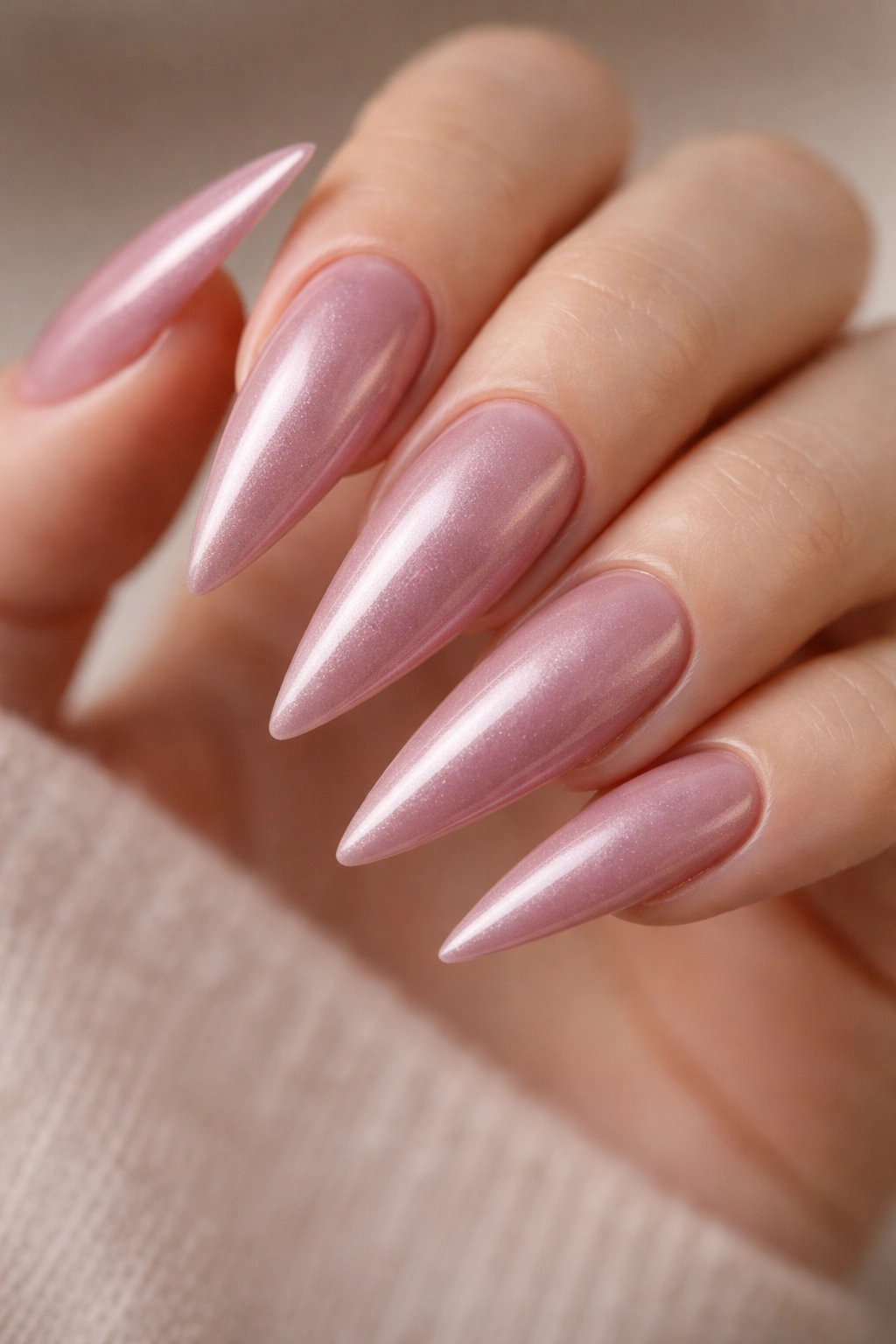 Dusty rose stiletto nails with pearl shimmer finish.