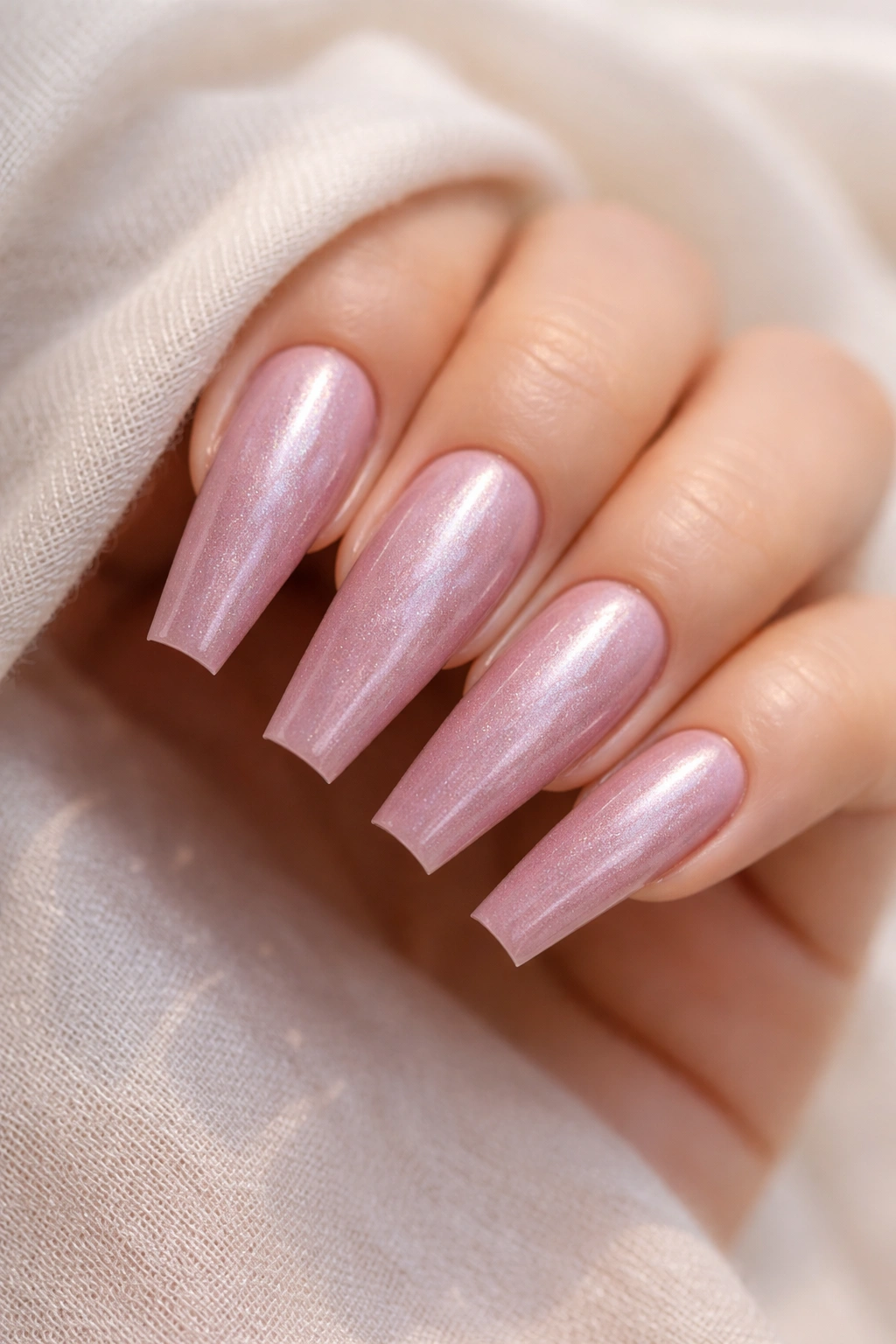 Dusty rose nails with pearl accents catching light.