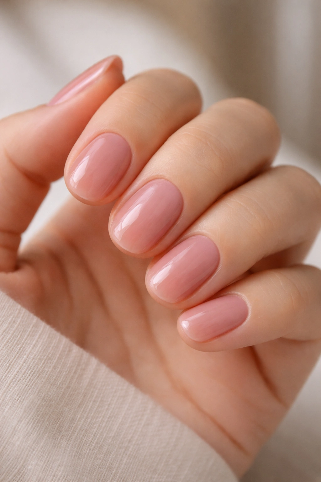 Short oval nails with dusty rose sheer polish showing depth