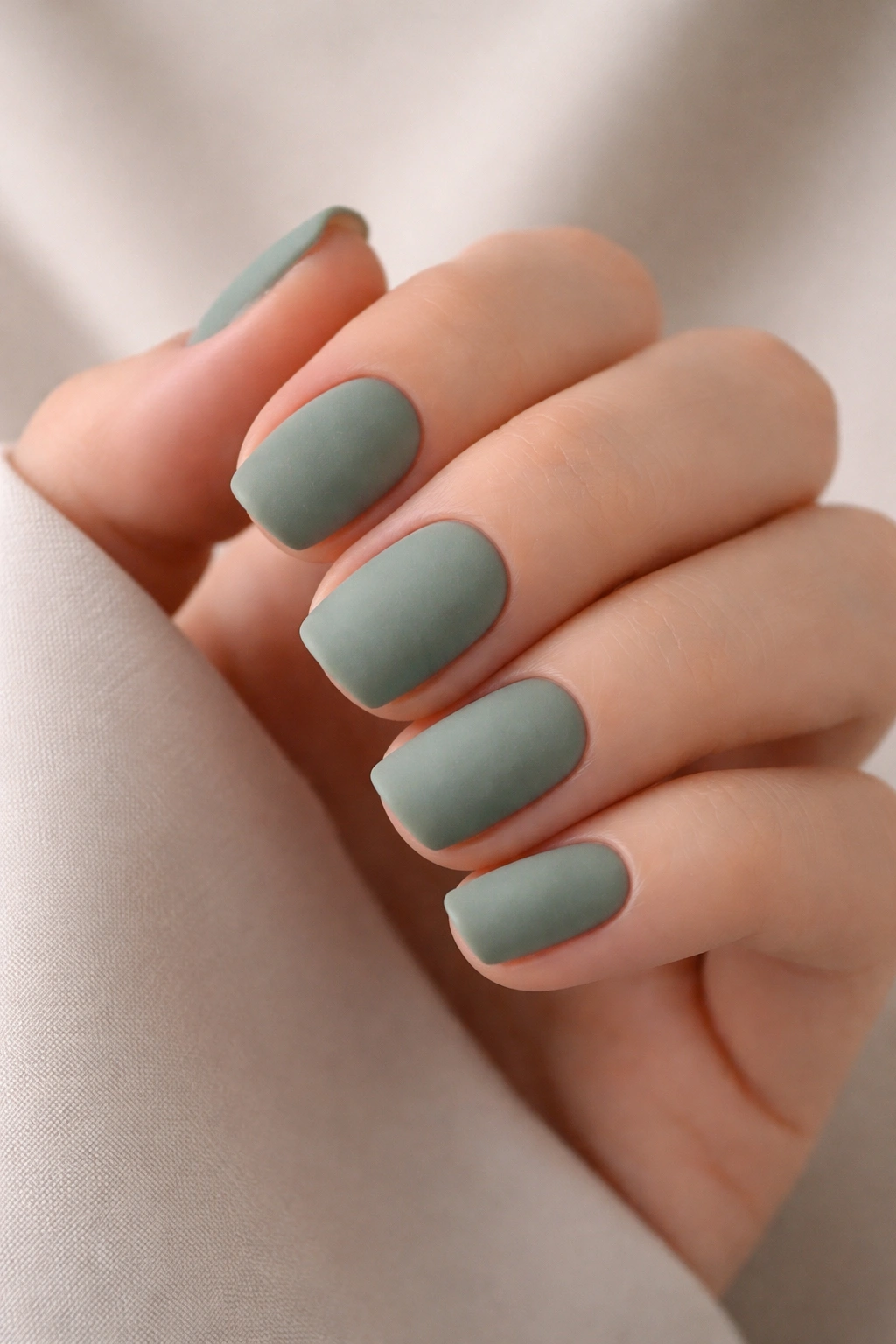 Dusty sage matte short squoval nails in a minimalist manicure