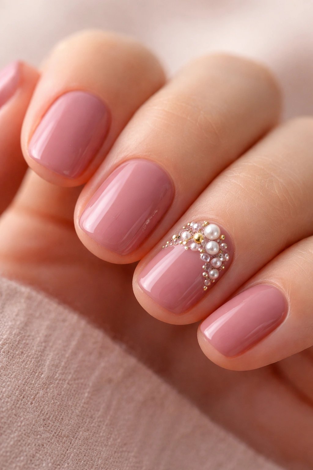 Close-up of dusty rose nails with small 3D embellishments on a neutral background