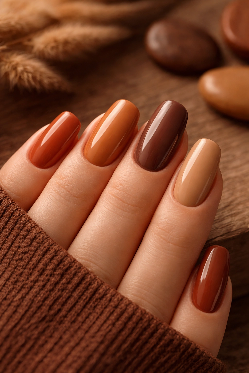 Close-up of nails in warm earth tones from terracotta to chocolate brown.