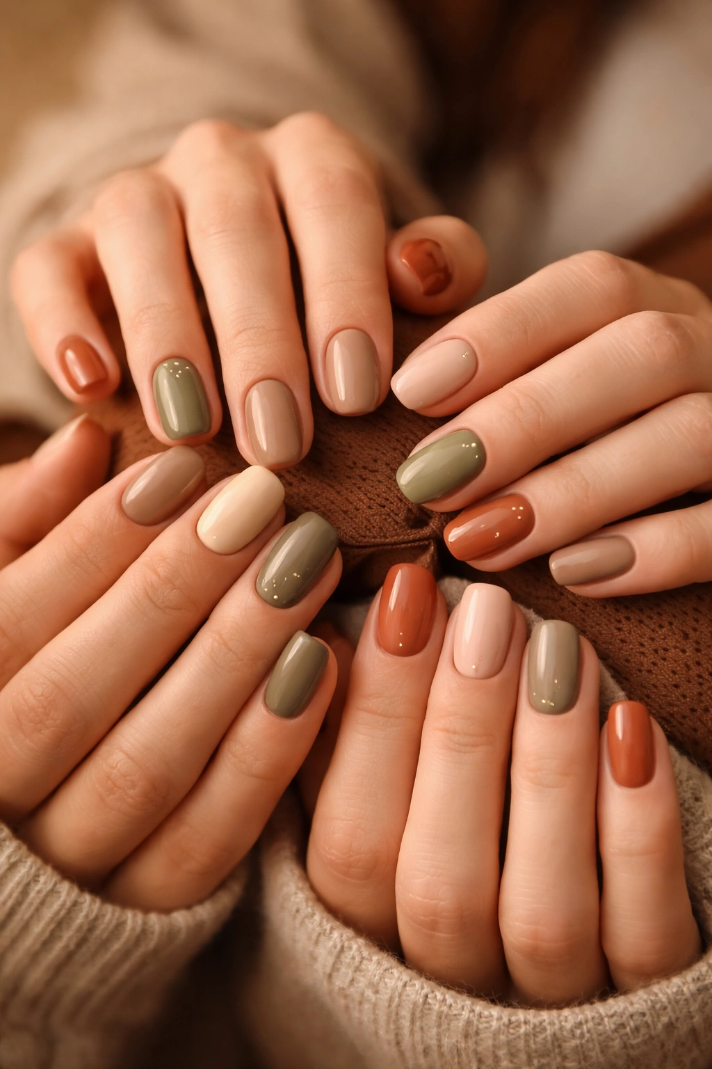 Close-up of hands with warm earth-tone manicures in terracotta, sage, cream, taupe, rust, and olive.