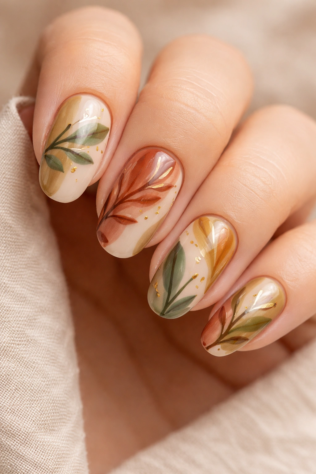 Close-up nails with earthy tones and hand-painted abstract botanical elements