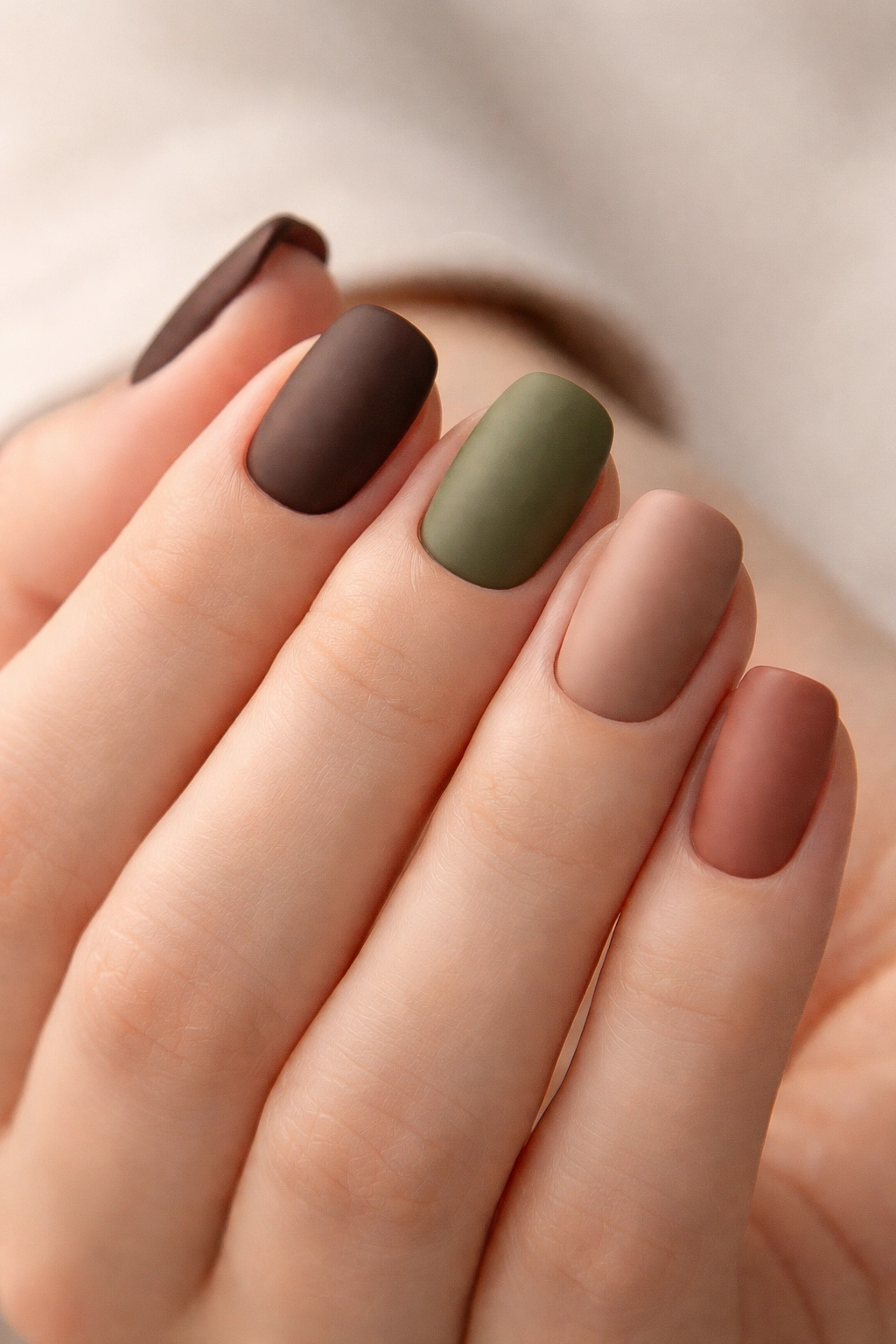 Close-up of short squoval nails in earthy browns greens taupes with matte finish