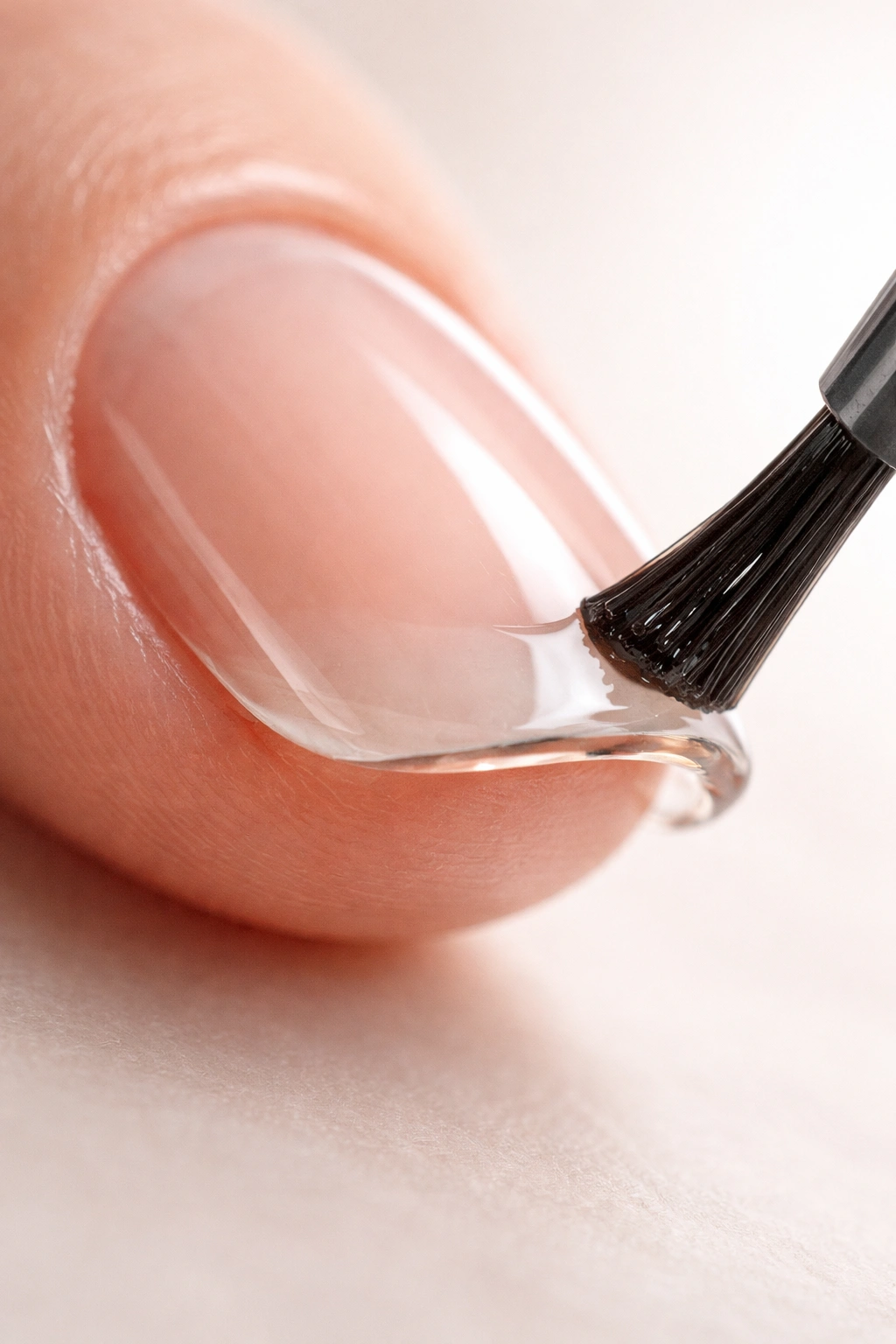 Close-up of fingernail being sealed on underside edge with top coat for edge protection