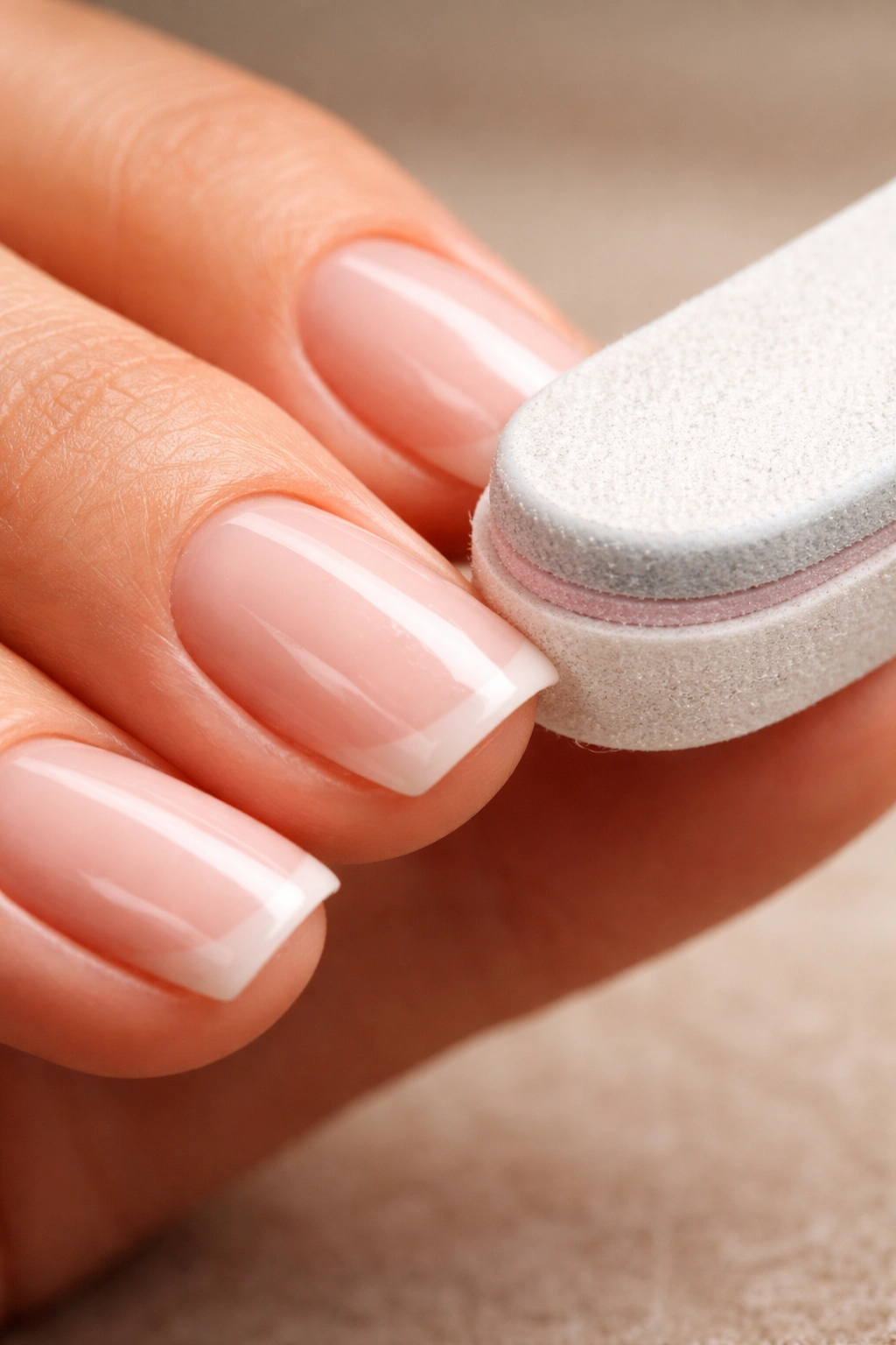 Close-up of a hand with soft square nails buffing the edge to seal it