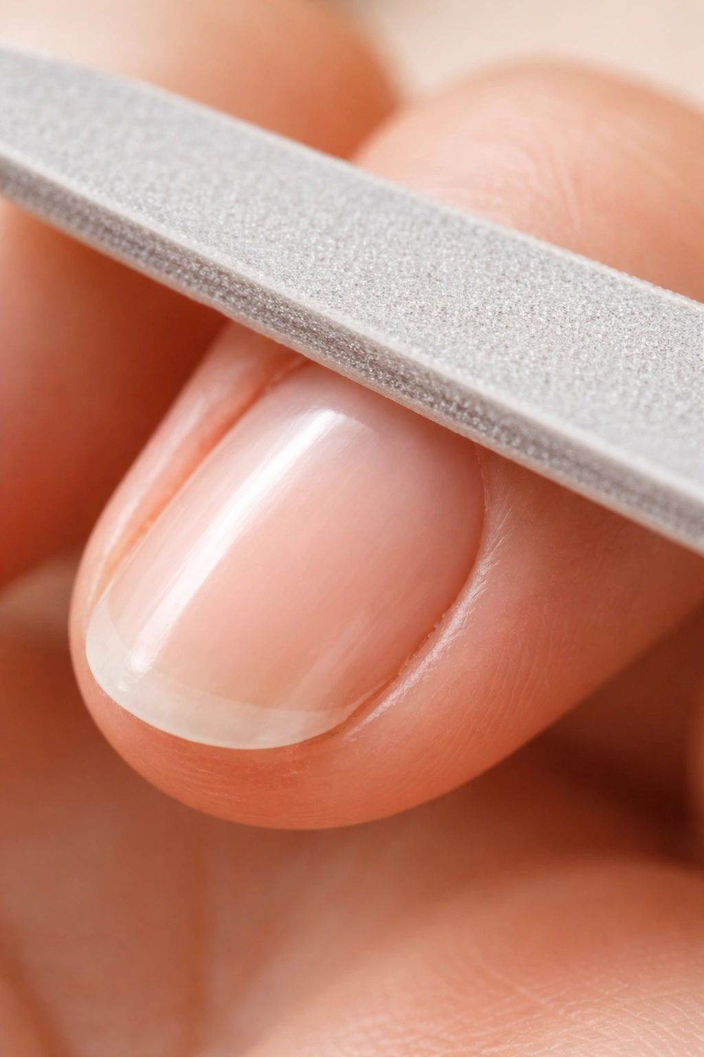 Close-up of a nail edge being lightly sealed to smooth and prevent splitting