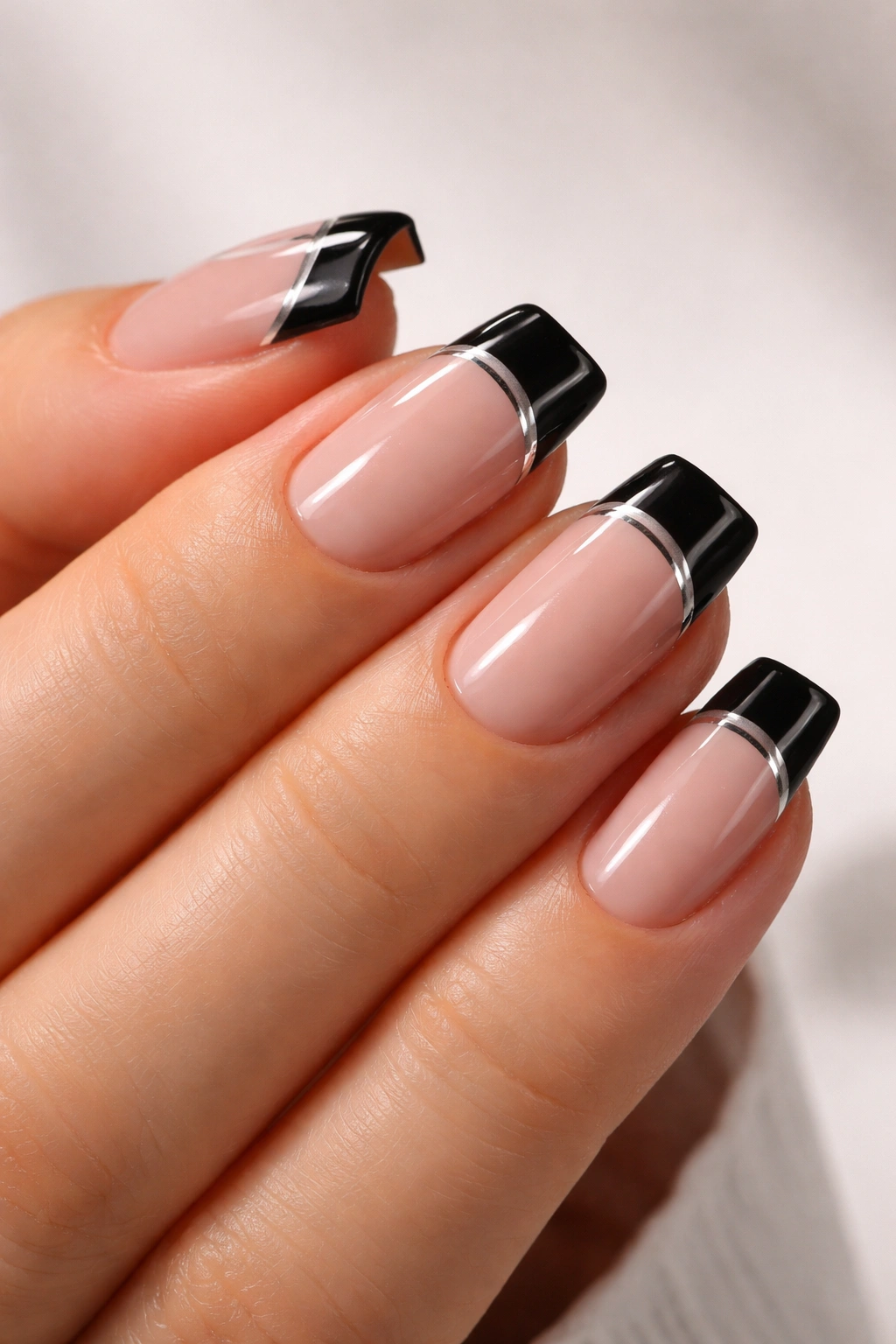 Close-up of edgy coffin nails with dark tips and a thin metallic separator line