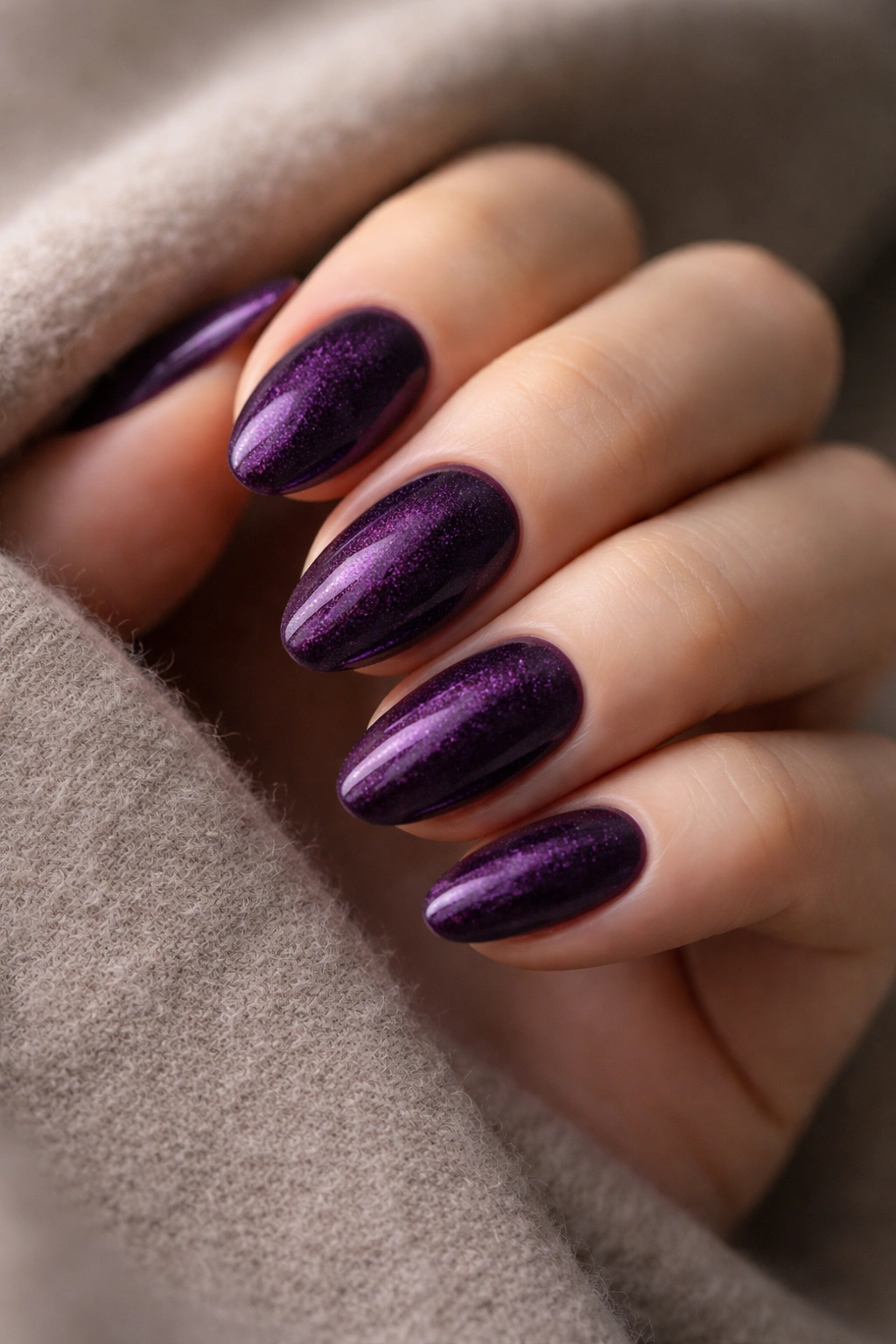 Close-up of short almond nails with plush velvet eggplant purple shade