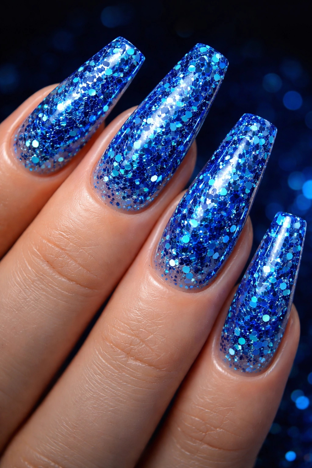 Close-up of electric blue chunky glitter nails on a clear base