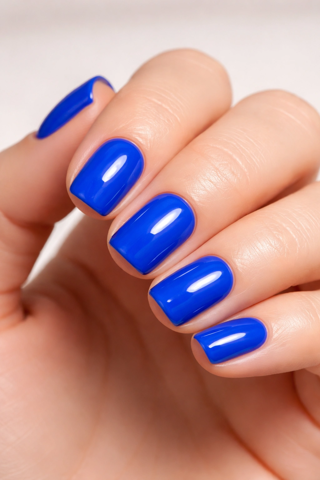 Close-up of short nails painted electric blue with a glossy finish