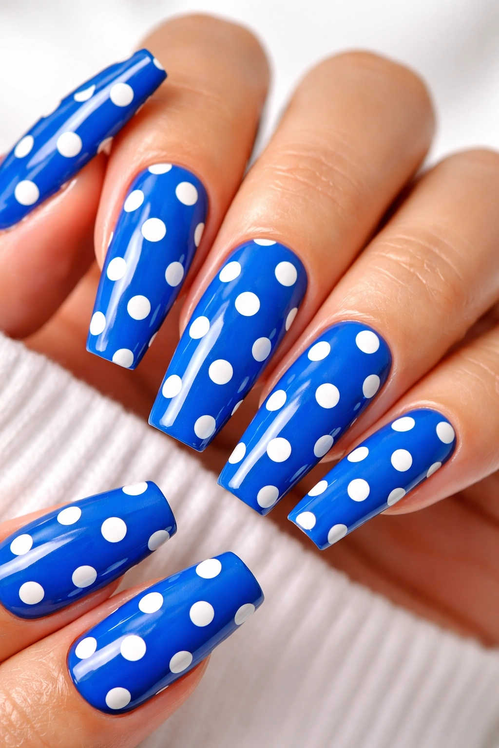 Close-up of electric blue coffin nails with white polka dots on a white backdrop