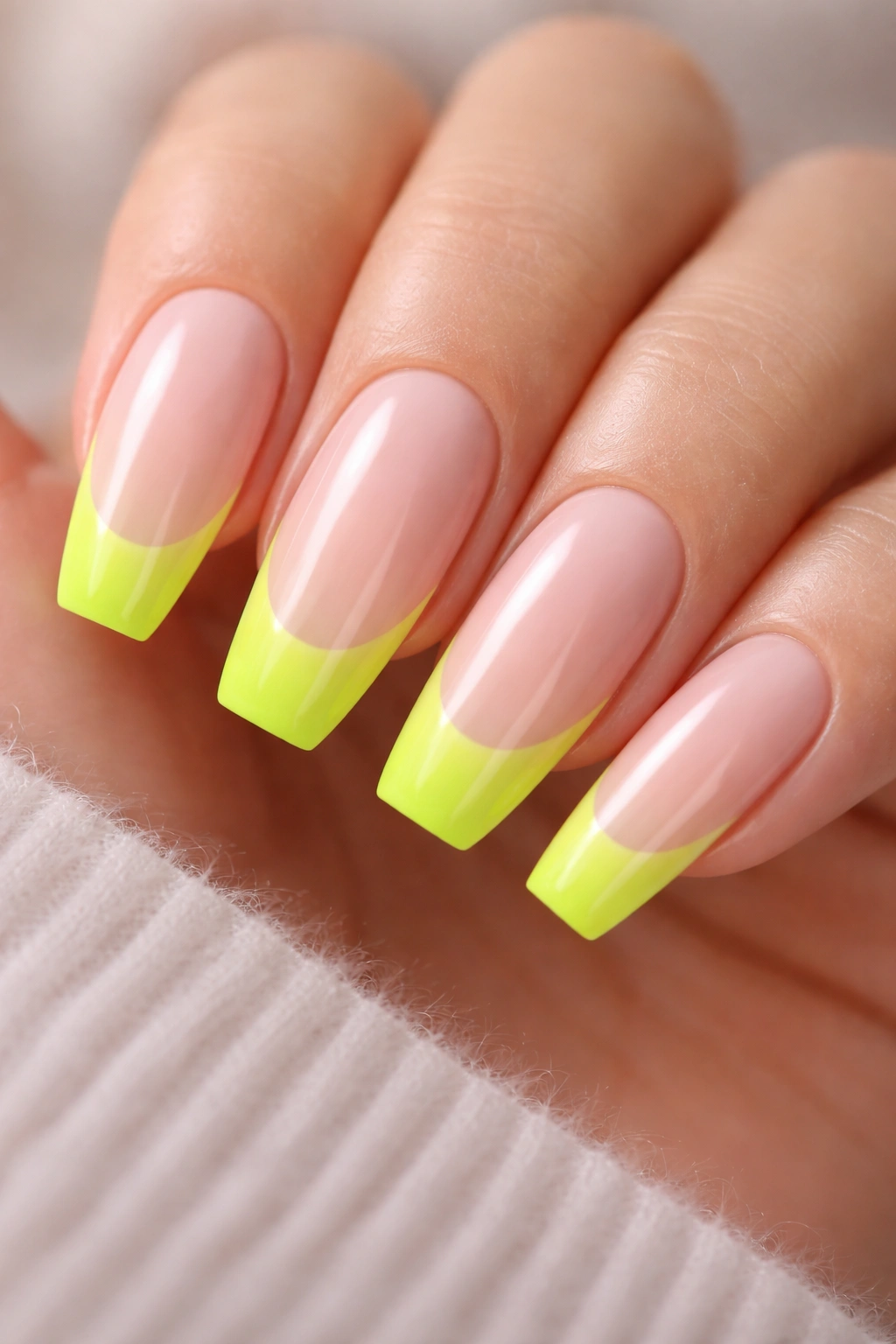 Close-up lime neon French tips on milky nude base ballerina nails