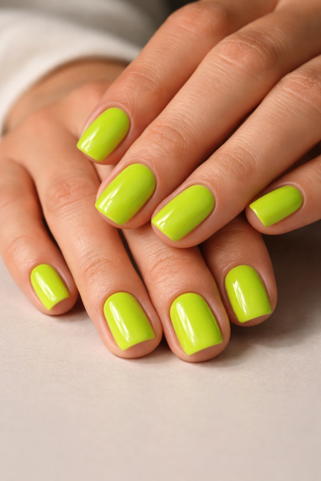 Electric lime green squoval nails with glossy finish on a neutral surface