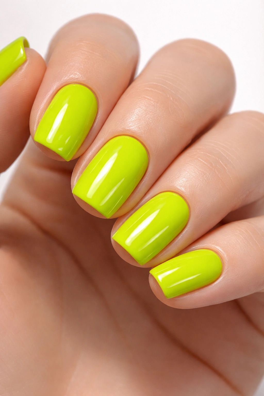 Electric lime short squoval nails with glossy finish on neutral background