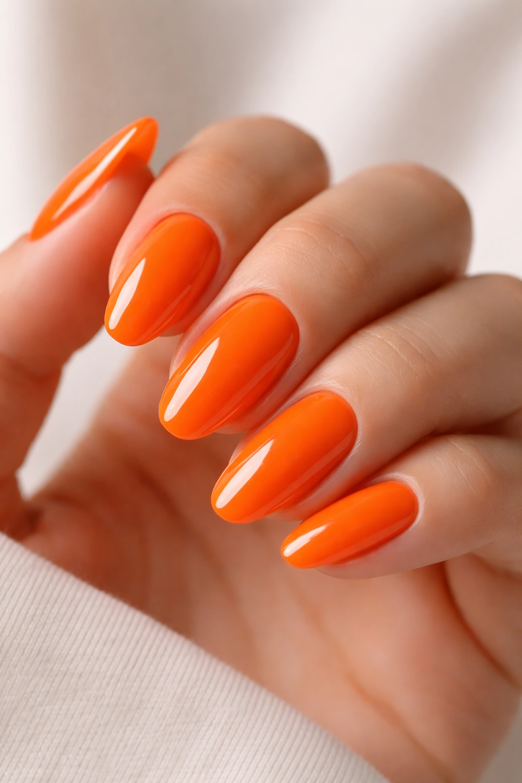 Close-up of electric orange nails with glossy finish.