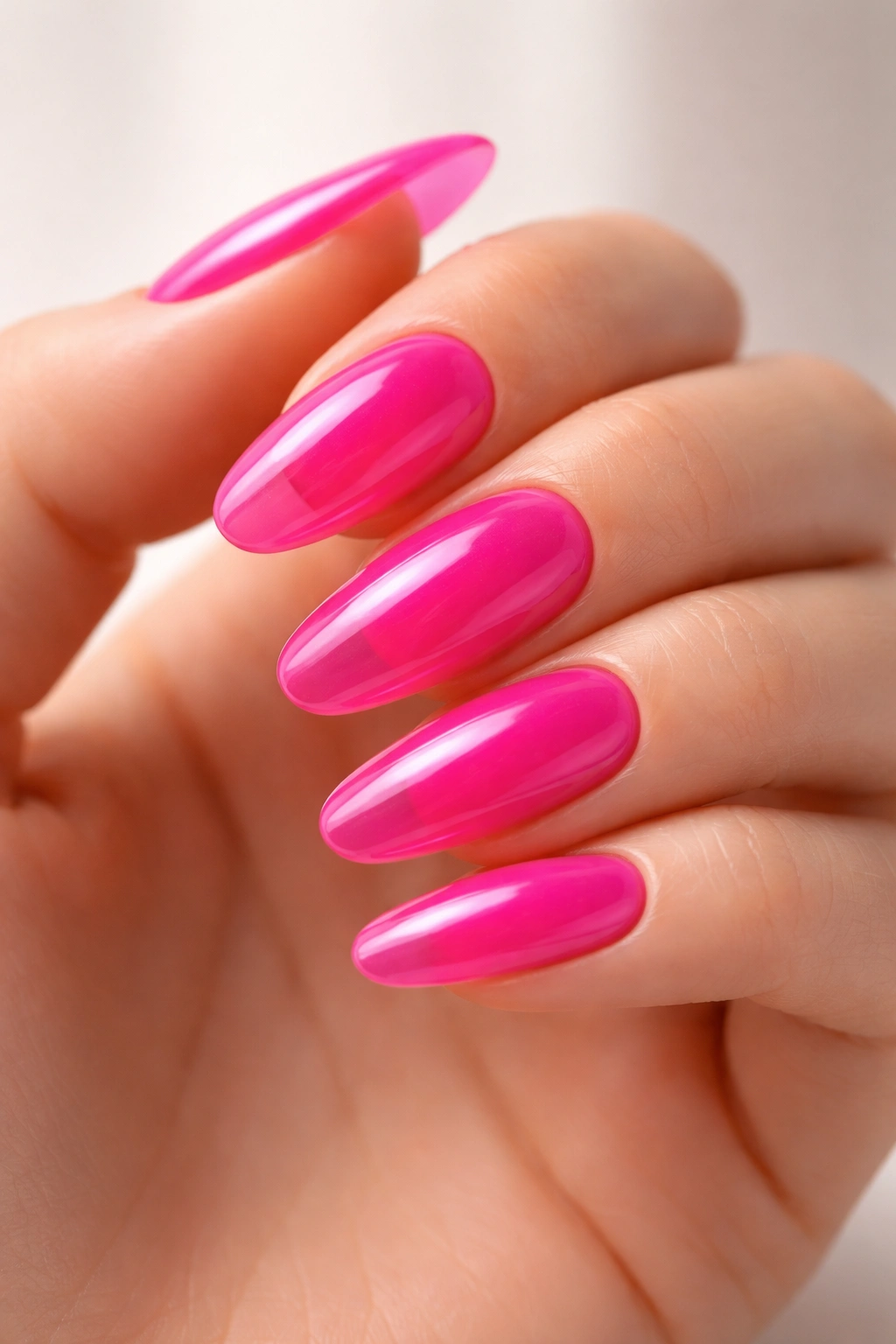 Close-up of long oval electric pink jelly nails with translucent shine