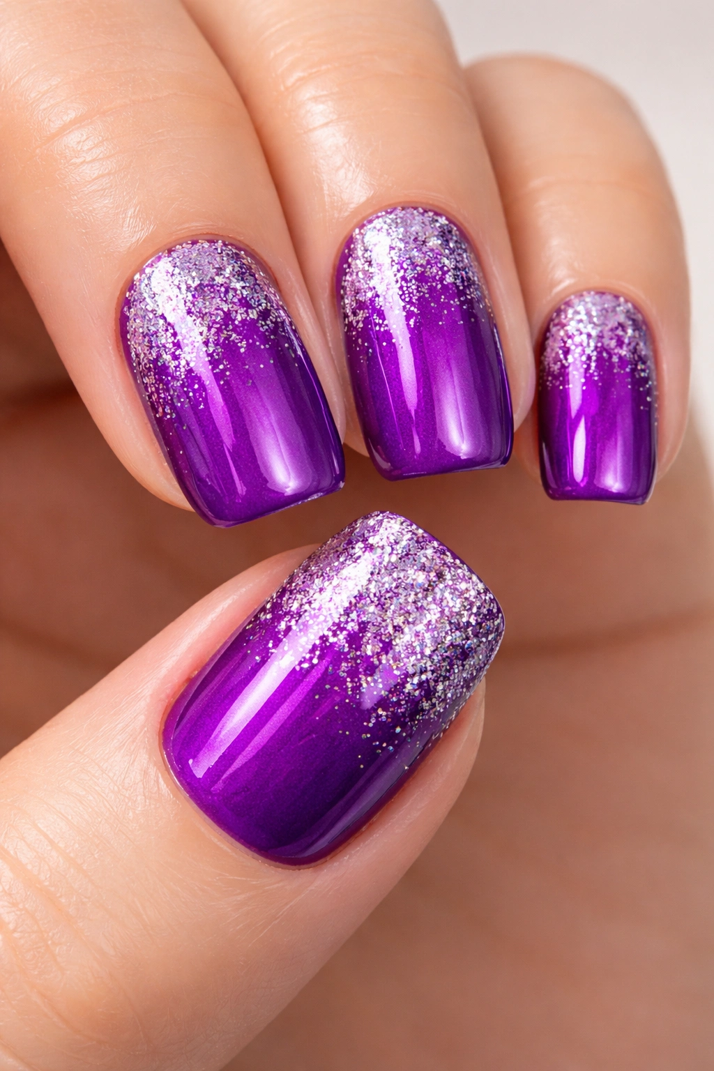Close-up of electric purple nails with silver glitter gradient from cuticle to tip