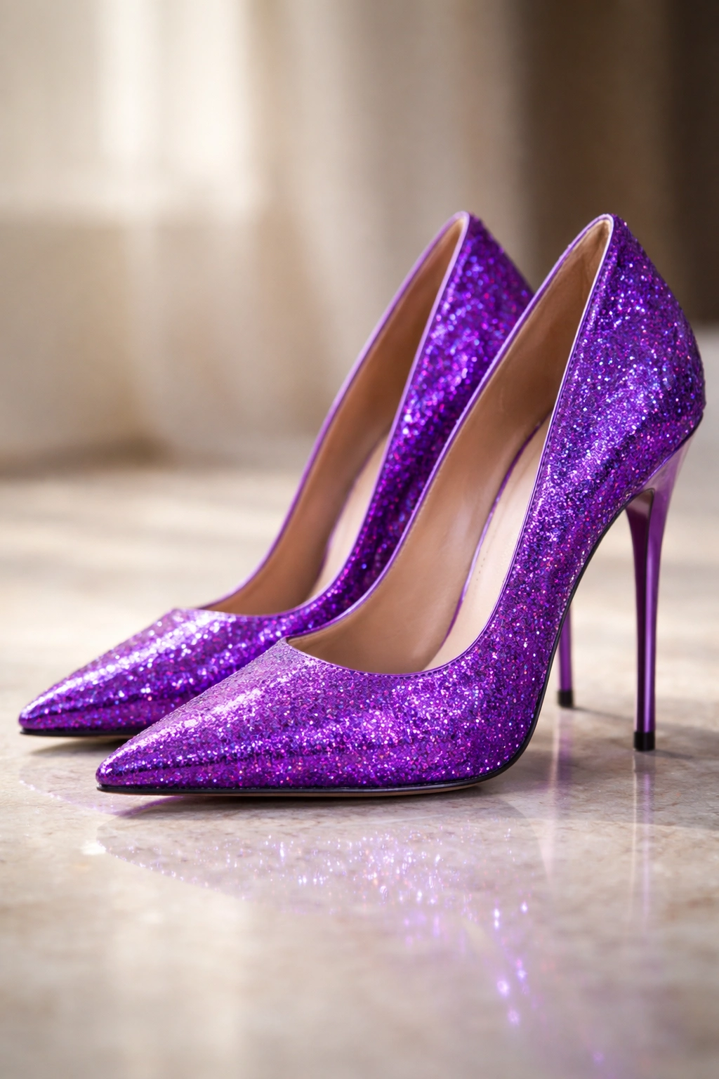 Close-up of electric violet stilettos with glitter on a neutral backdrop