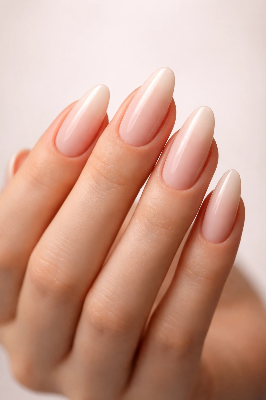 Close-up of elongated oval nails with tapered tips and pale polish