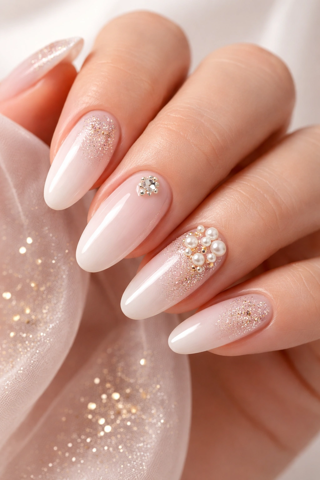 Close-up of nails with pearls, rhinestones, and gold foil embellishments