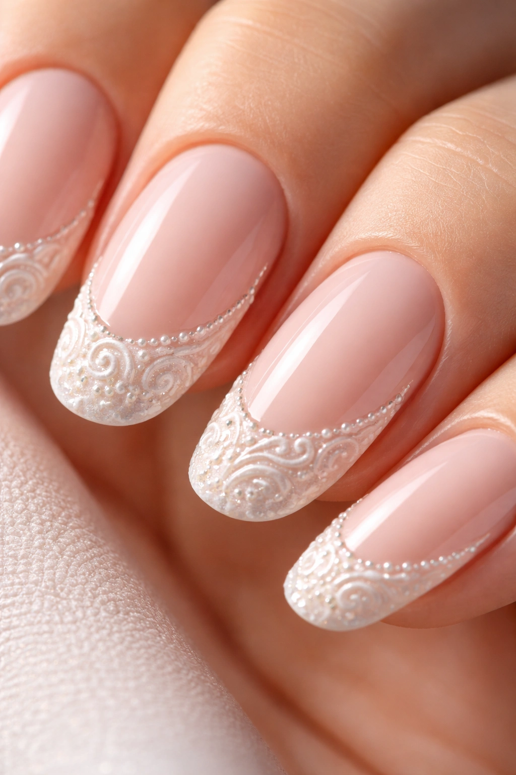 Close-up of an oval nail with embossed 3D tip texture