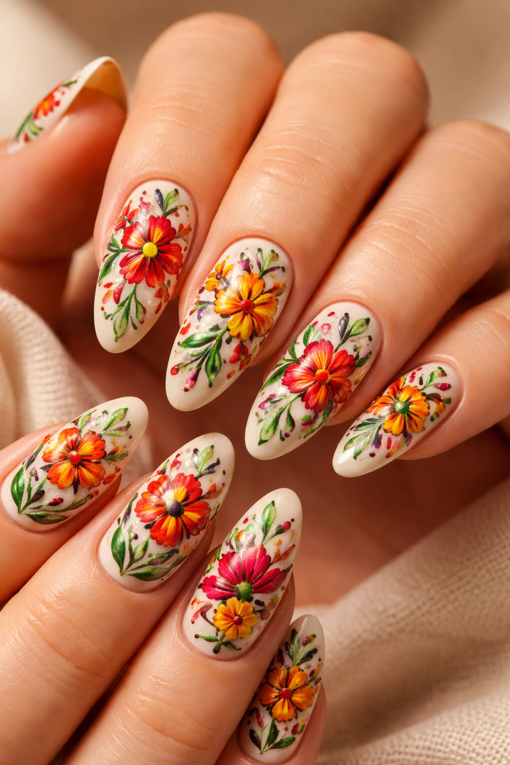 Close-up of nails with embroidered floral Nail Art on a neutral background