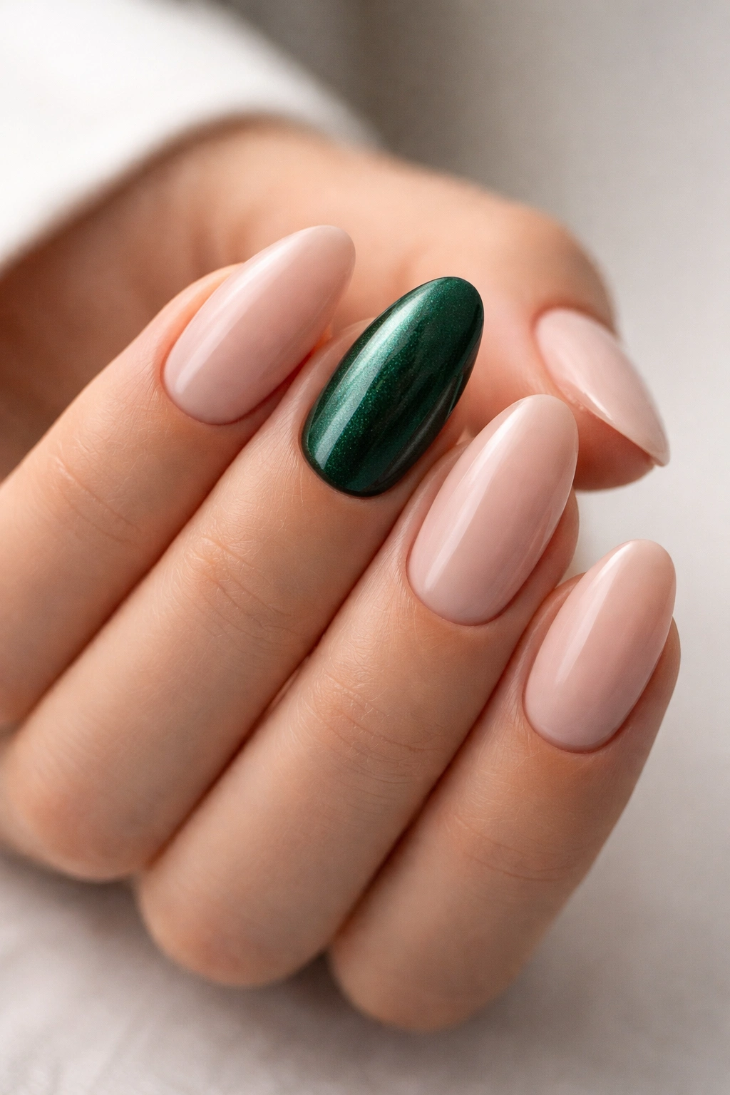Close-up of hand with one emerald green accent nail among neutral nails on a short almond manicure