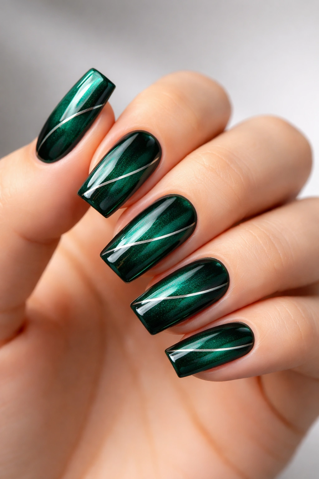 Close-up of Emerald Green Cat Eye Nails with a minimalist line on soft square nails.