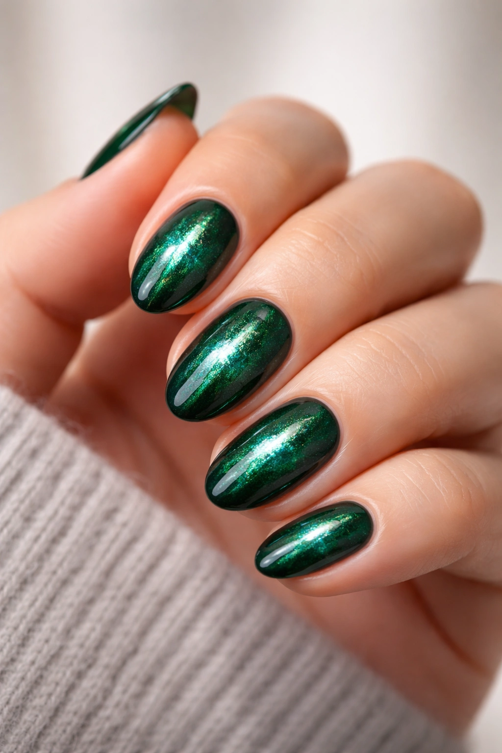 Close-up of emerald green cat-eye nails on short almond nails with center shimmer