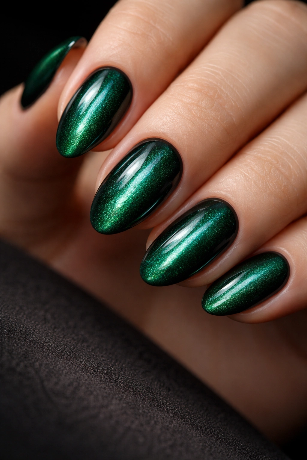Close-up of short almond nails with vertical emerald cat-eye shimmer