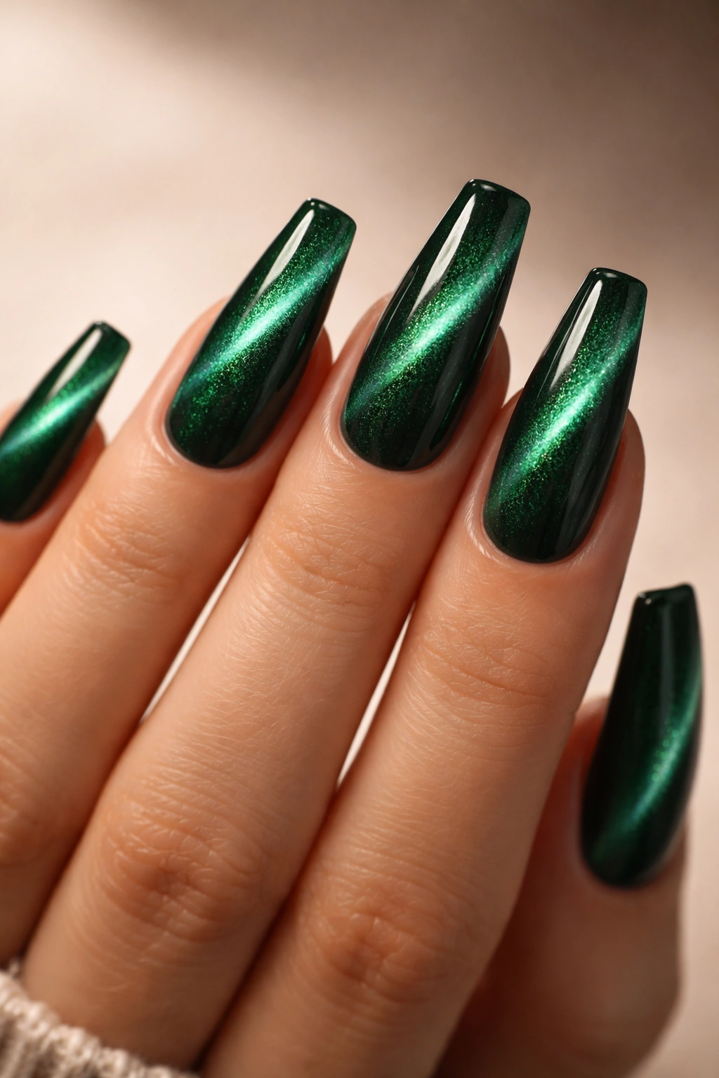 Close-up of emerald cat-eye ballerina nails with diagonal shimmer on a hand