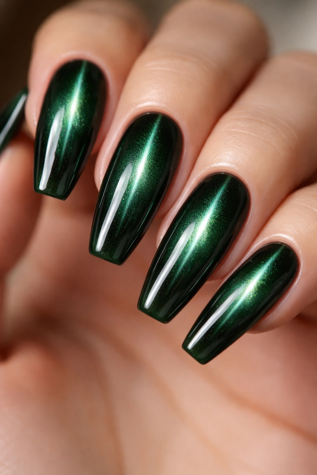 Emerald glass cat eye nails with center beam on a neutral background