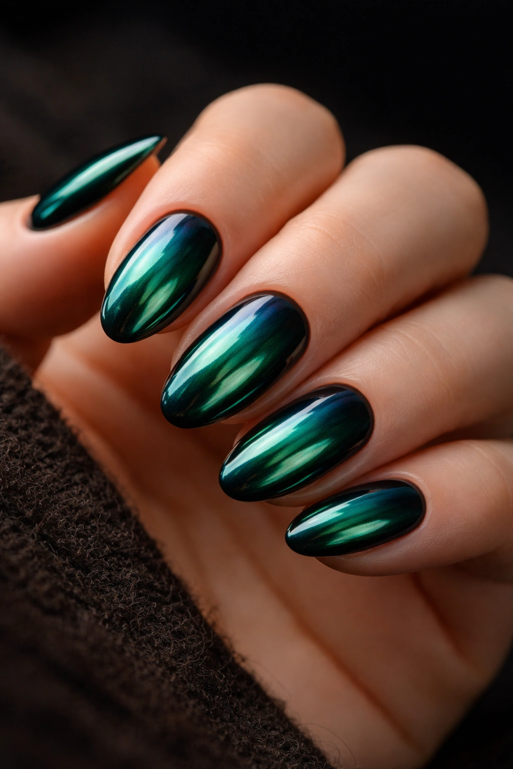 Close-up of short almond nails with emerald chrome finish, reflective and sleek.