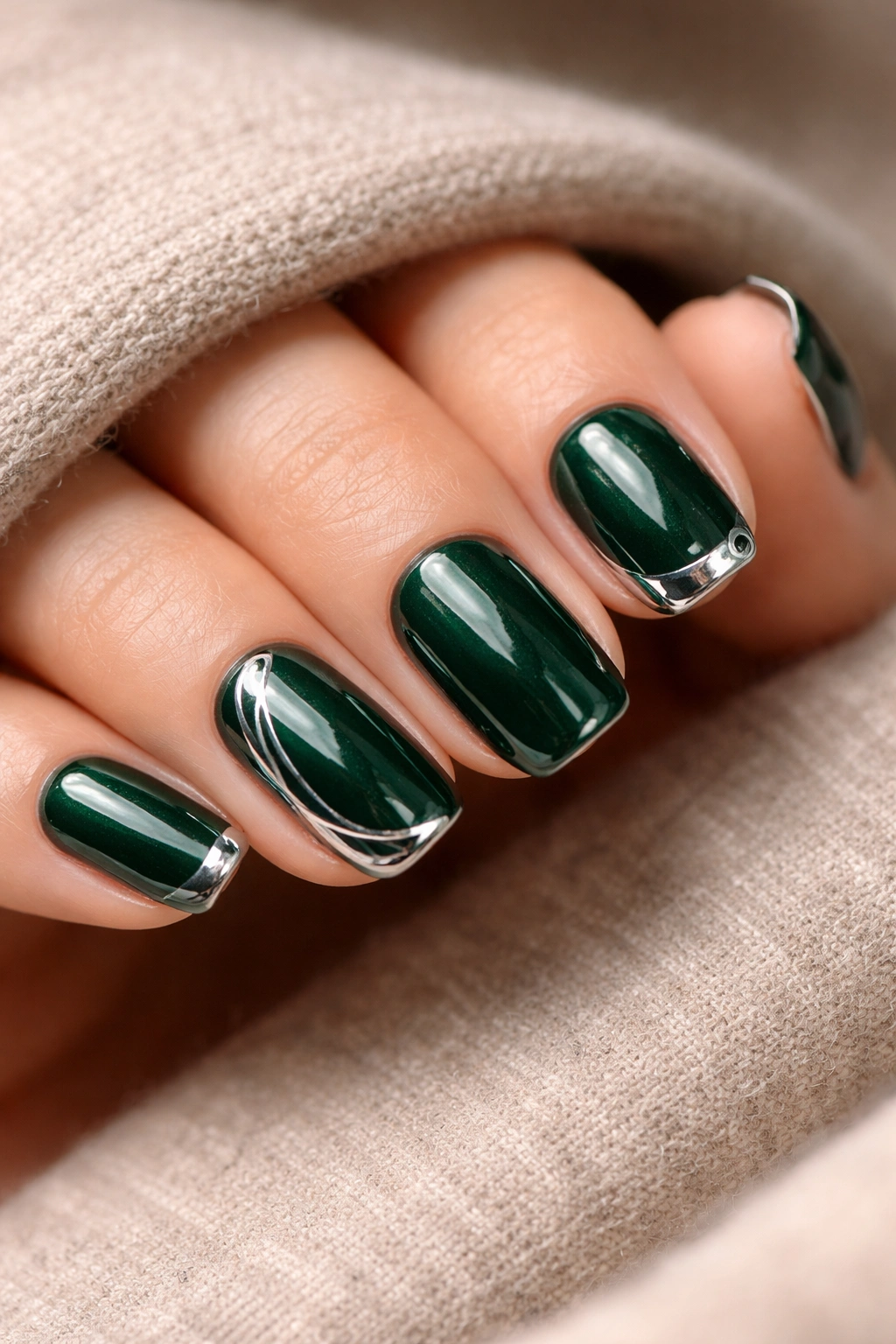 Close-up of emerald green squoval nails with chrome details on short nails