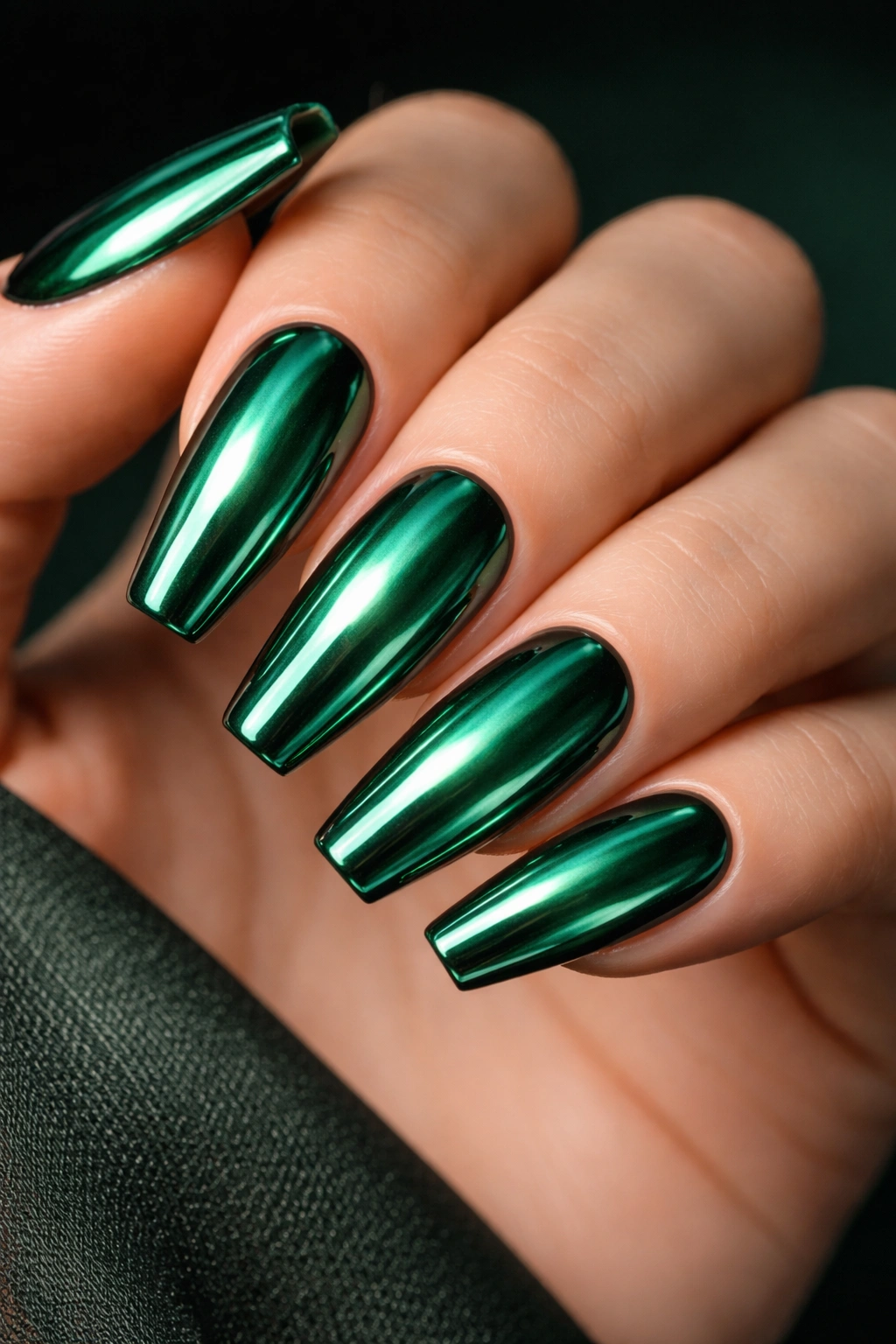 Emerald chrome green ballerina nails with deep base and reflective finish