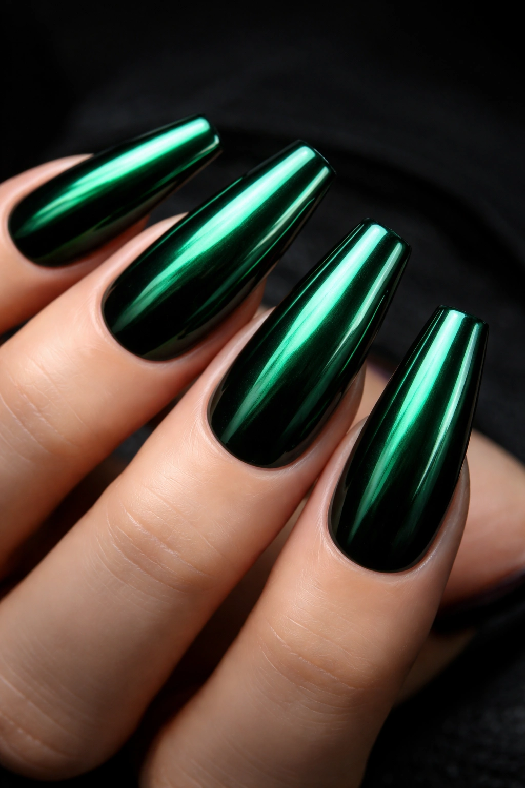 Emerald green chrome nails with reflective jewel-tone finish.
