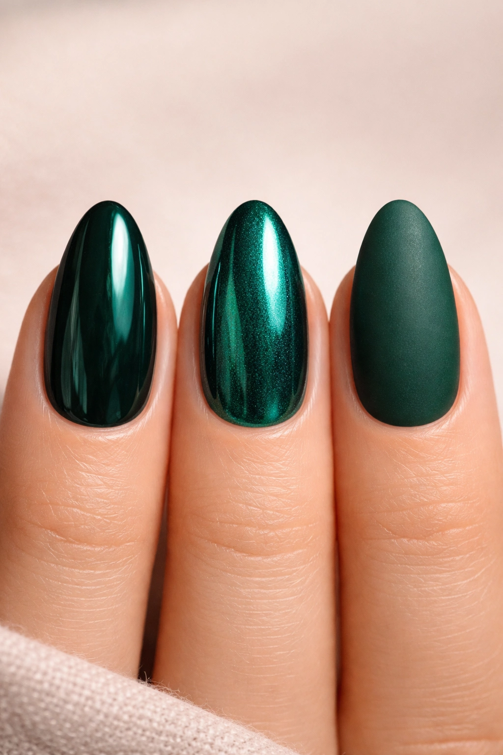 Nails showing glossy, chrome, and matte emerald finishes