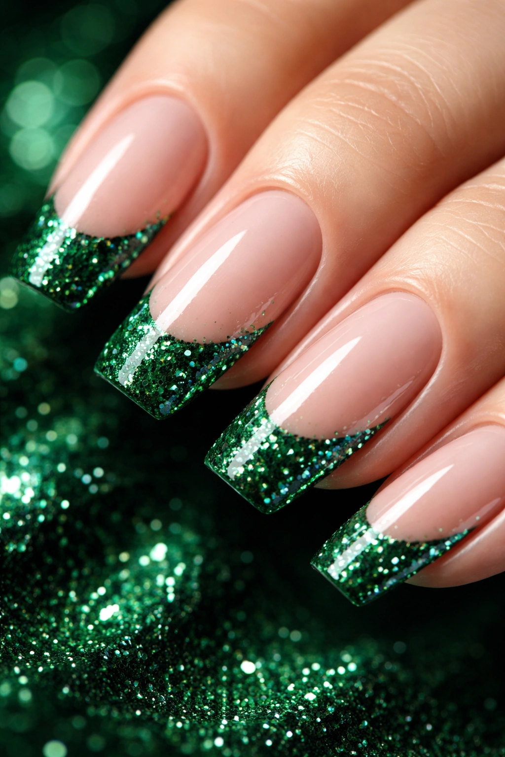Close-up of nails with emerald glitter tips