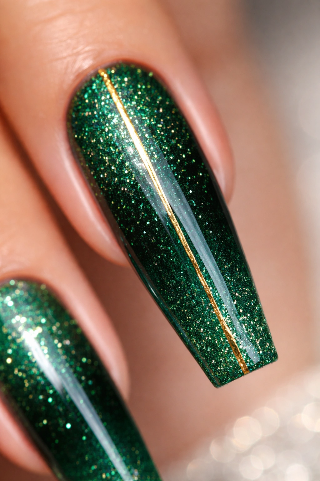Close-up of emerald green glitter coffin nail with a gold center accent.