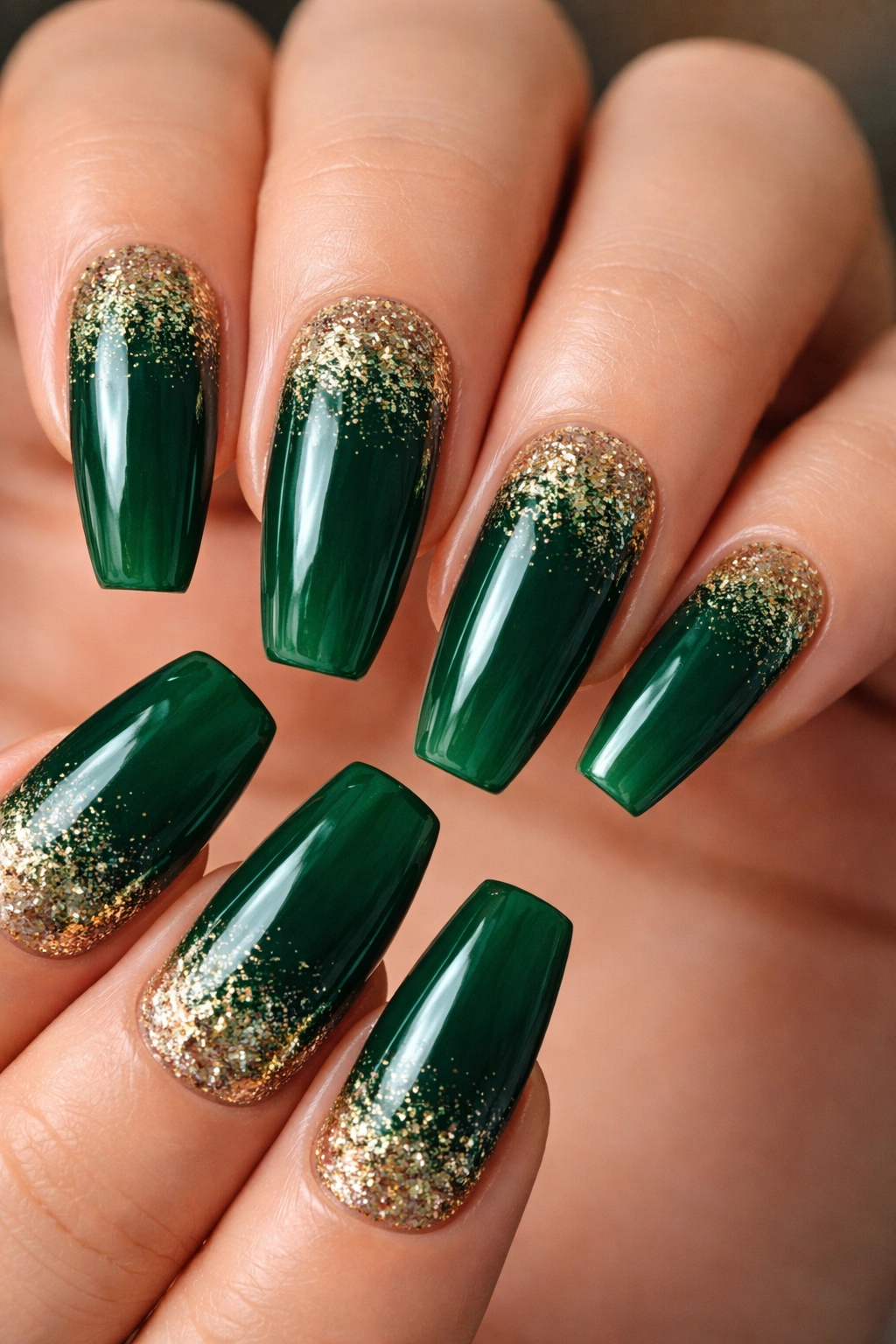 Nails with emerald glitter fade starting at the cuticle