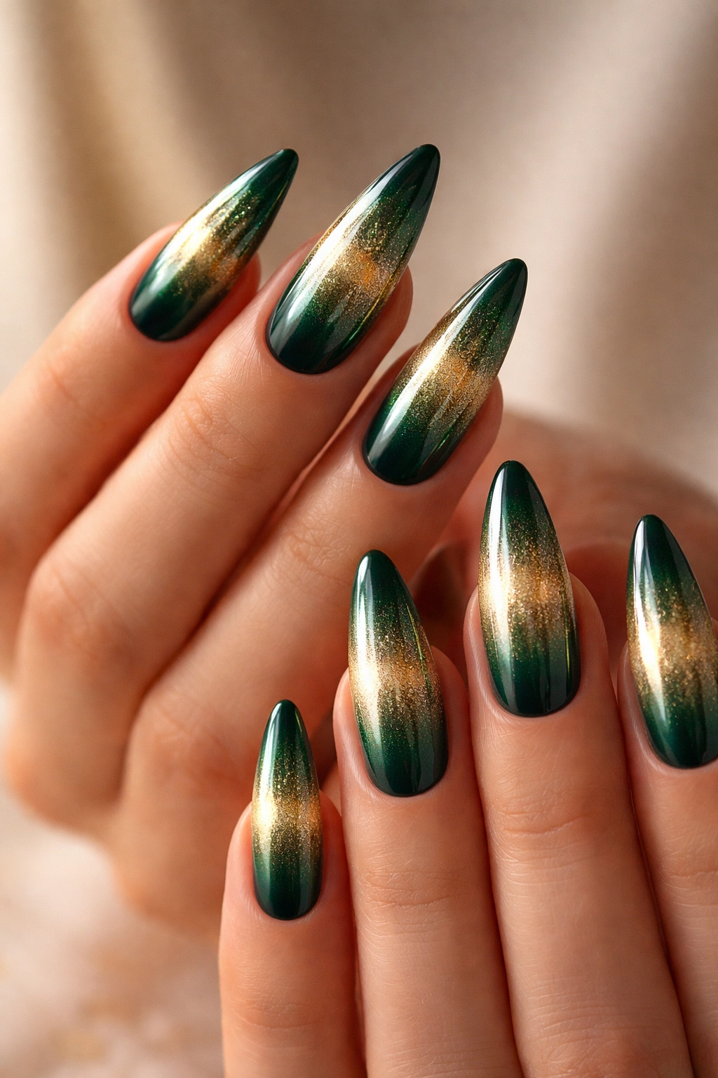 Close-up of medium stiletto nails with emerald-to-gold ombre