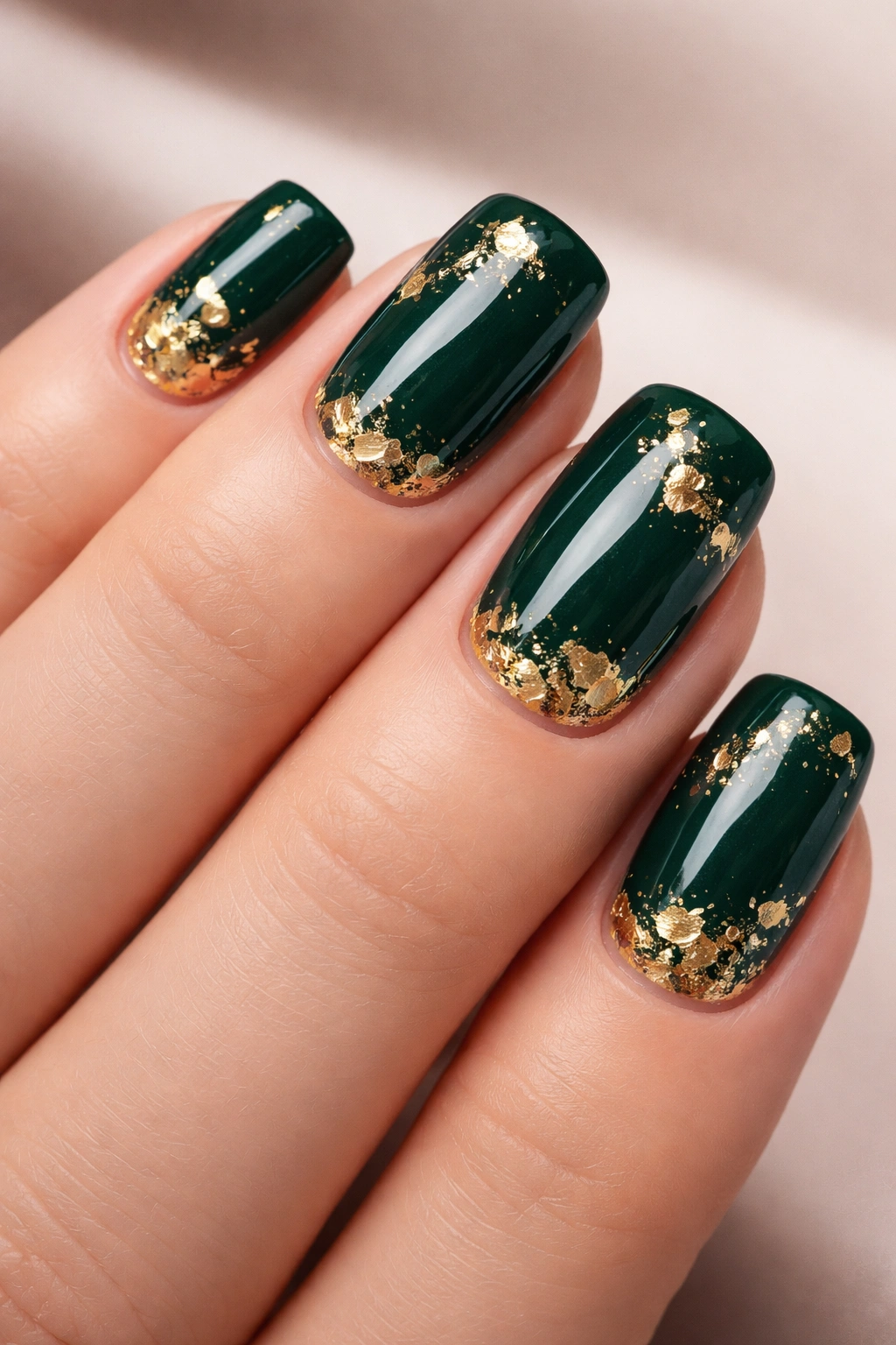 Deep emerald nails with gold leaf details under topcoat