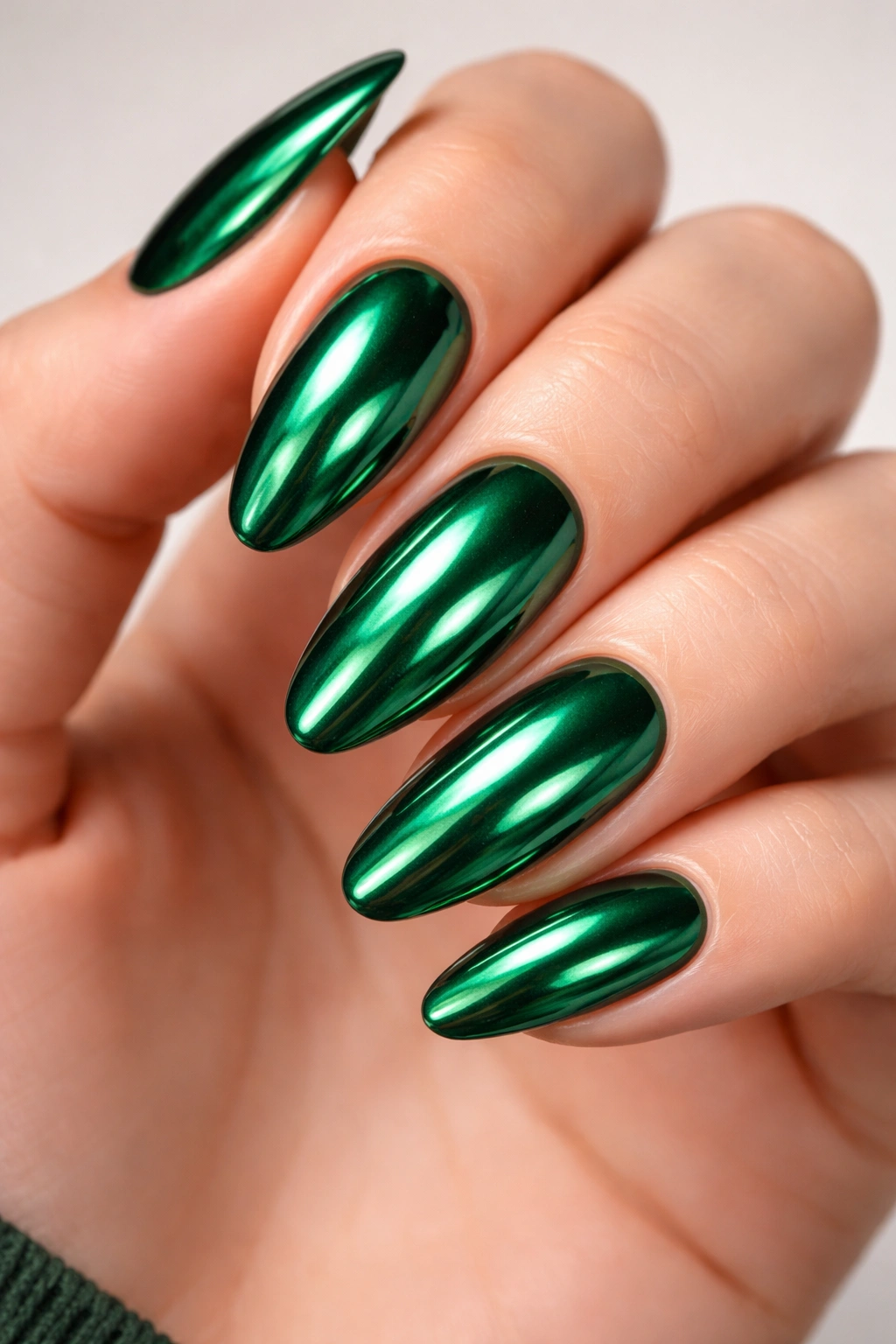 Close-up of emerald green chrome nails with mirror finish on a hand