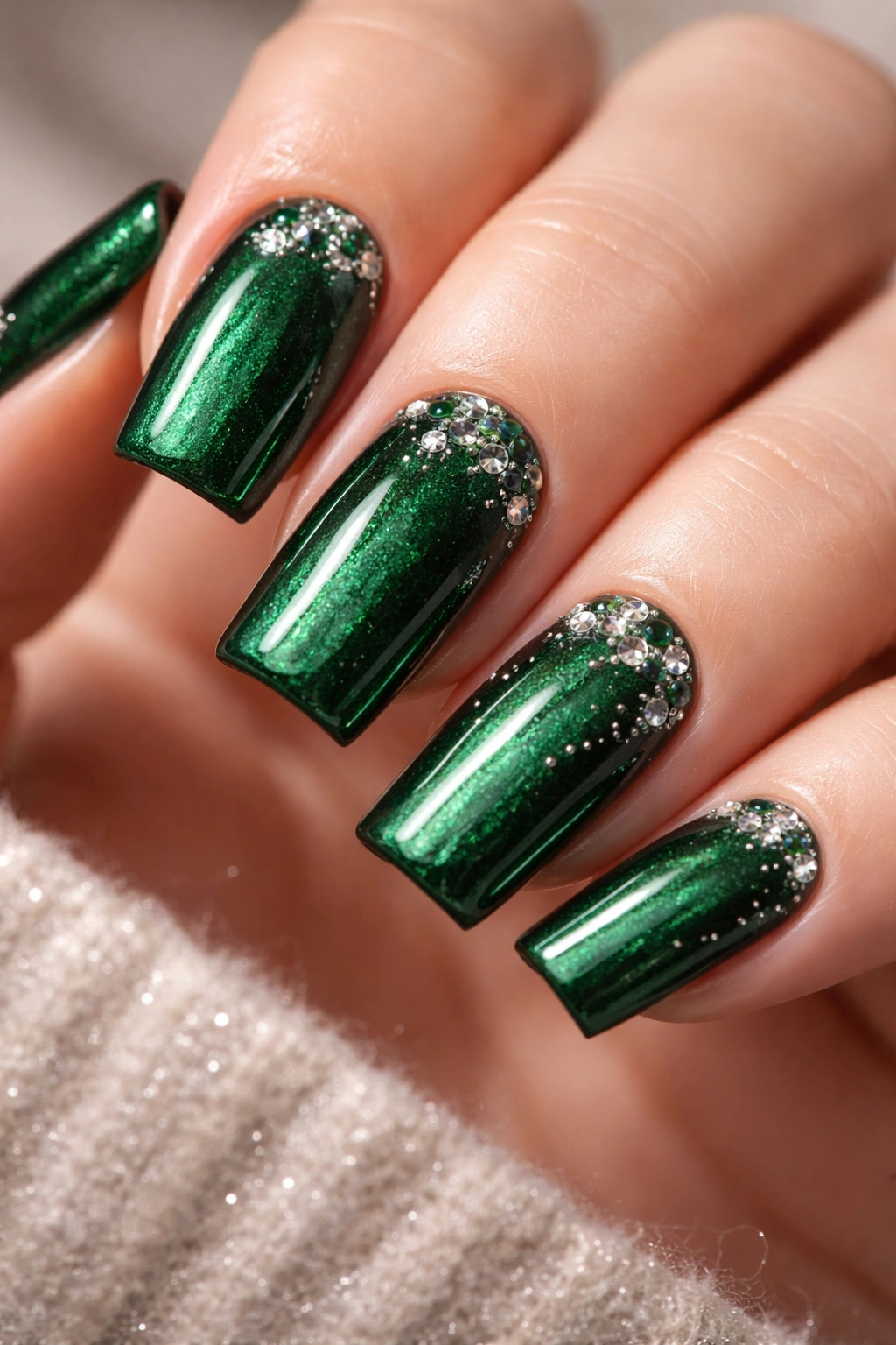 Close-up of Emerald Green with Crystal Embeds nails on bare hand showing 3D crystals on green base