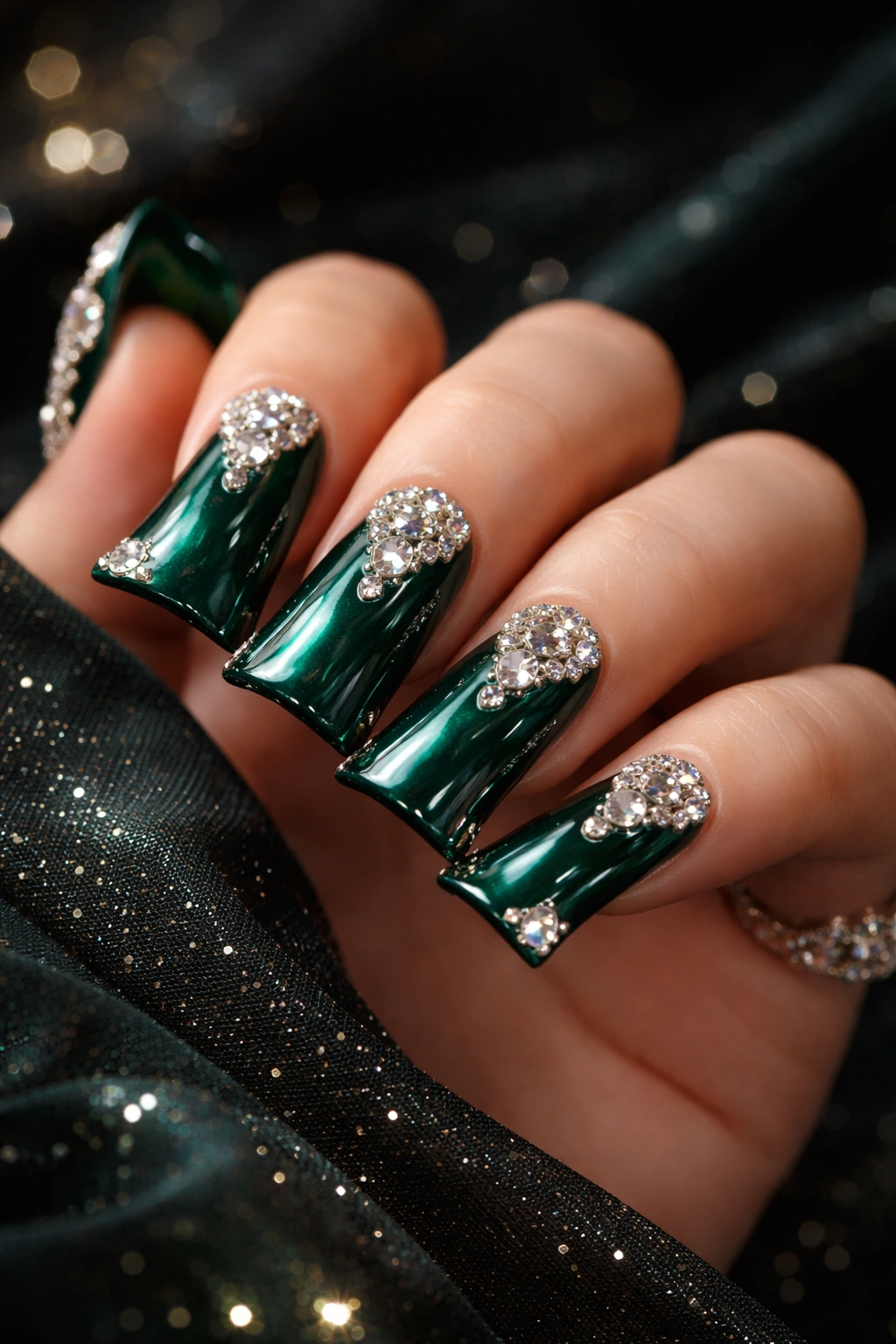 Close-up of emerald green duck nails with diamond accents