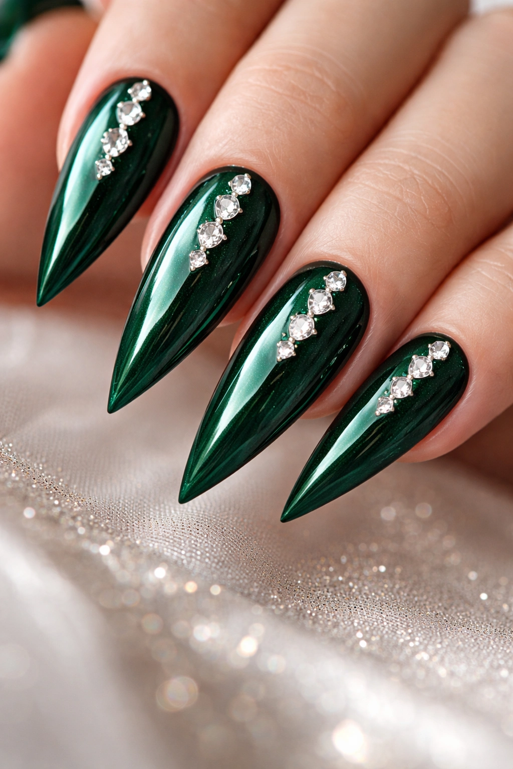 Emerald green stiletto nails with diamond-shaped gems along the center