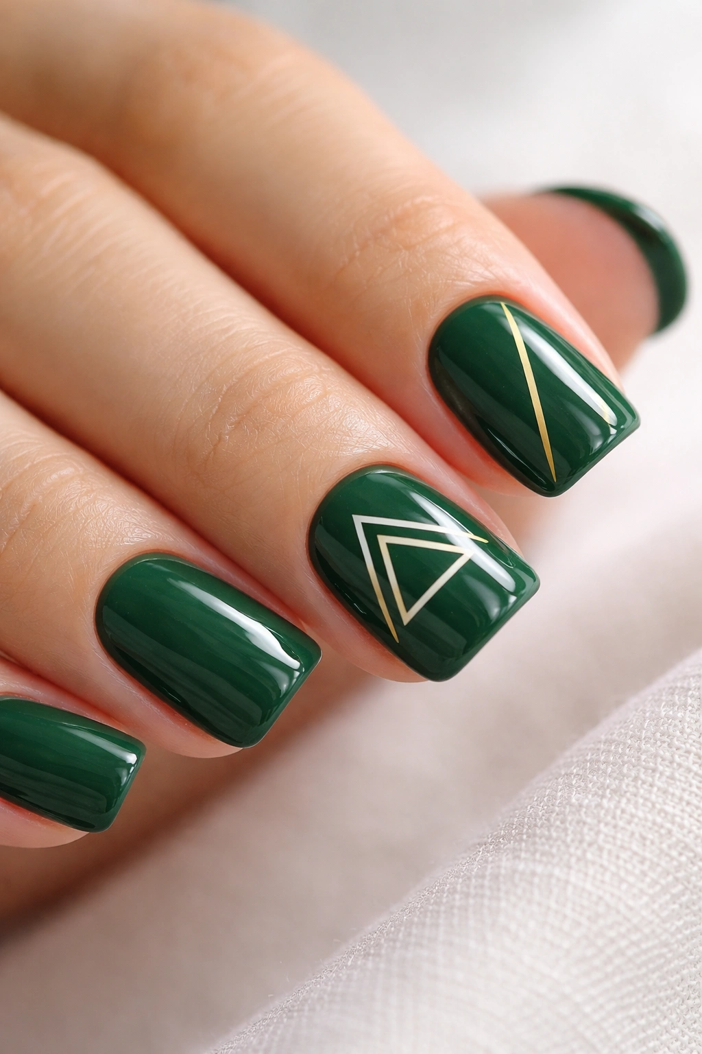 Close-up of emerald green nails with a simple geometric pattern on one or two nails